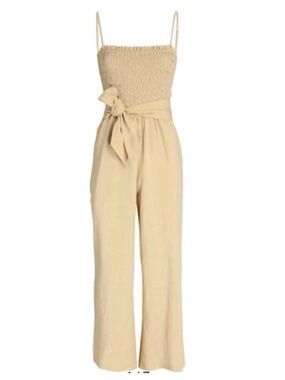 Intermix Smocked Wide-Leg Jumpsuit in Beige